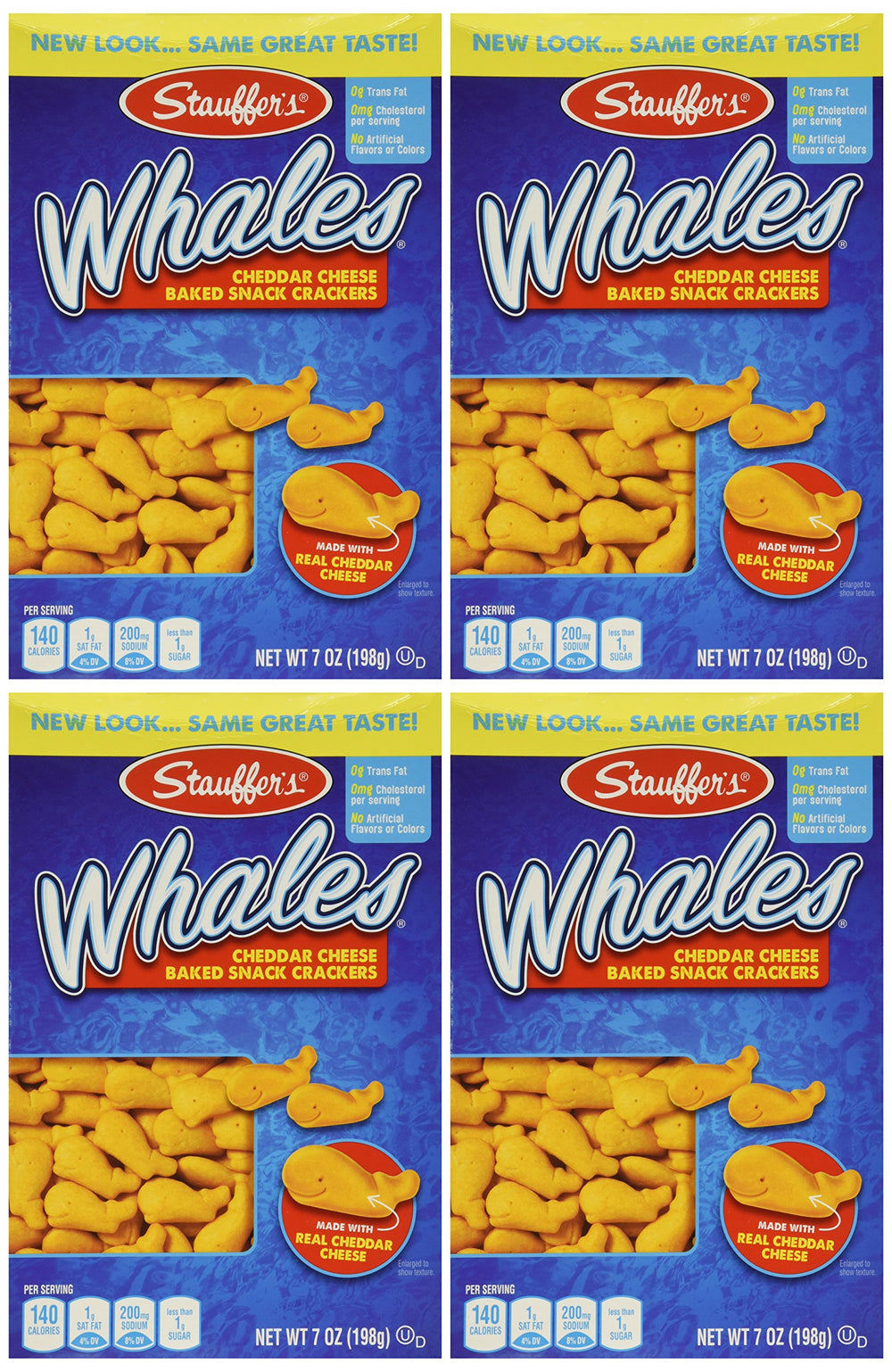 Stauffer's Whales Cheddar Crackers box 4-pack, ideal for on-the-go snacking.