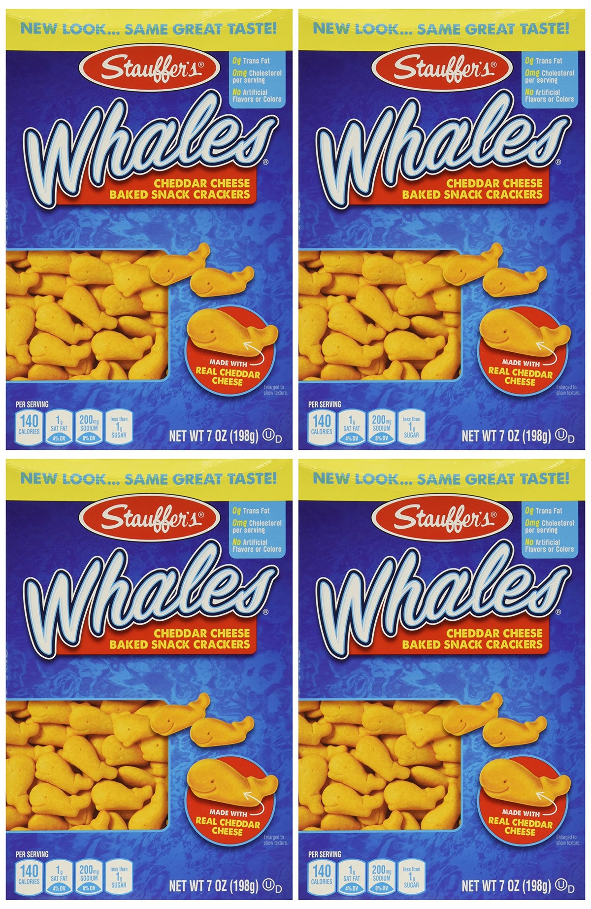 Stauffer's Whales Cheddar Crackers box 4-pack, ideal for on-the-go snacking.