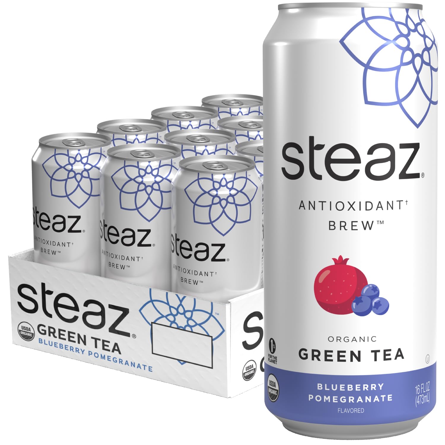 Steaz Blueberry Pomegranate Green Tea can, refreshing flavor for anytime.