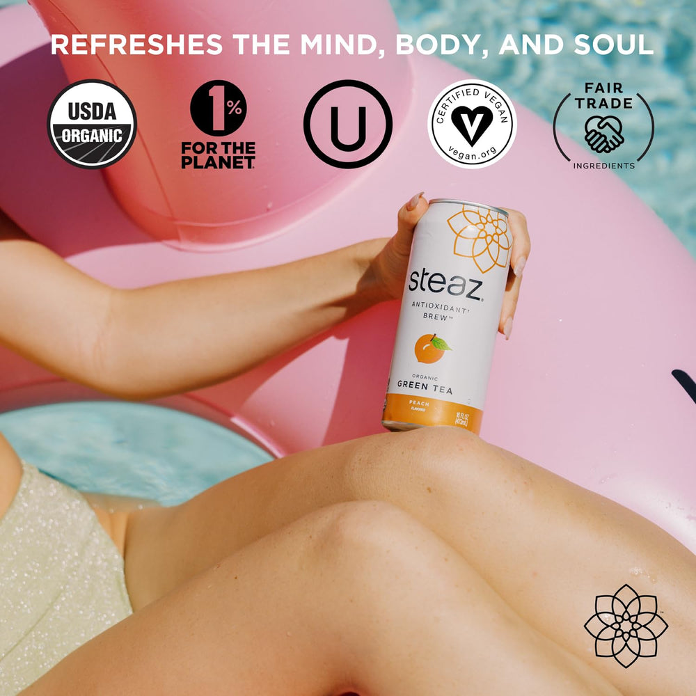 Steaz Fair-trade logo on can signals ethical sourcing and care.
