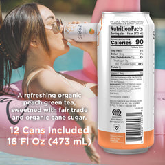 Steaz Green Tea ingredient label highlights organic, fair-trade sourcing for quality.