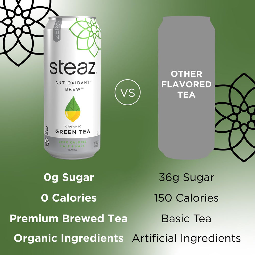 Pouring Steaz green tea into a glass for a crisp, caffeinated sip