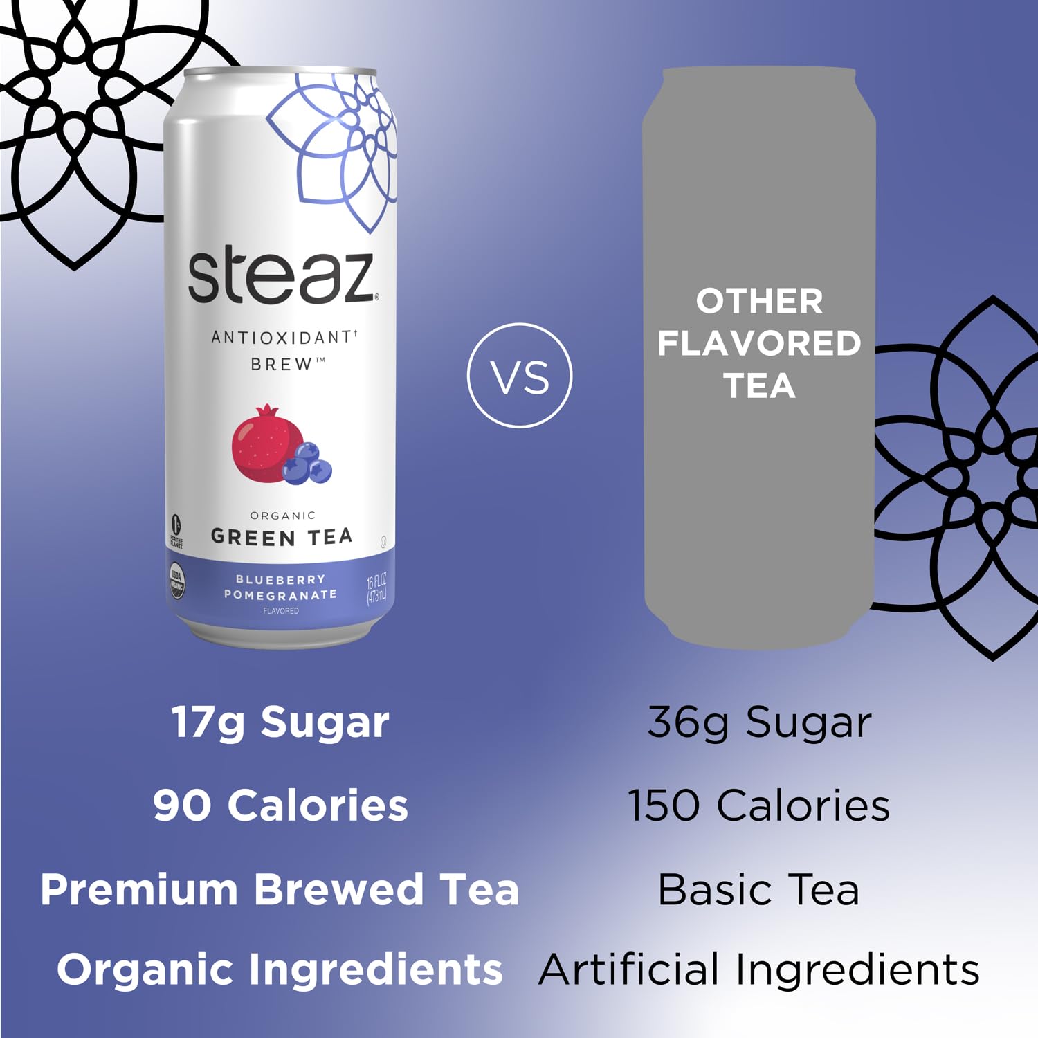 Steaz Organic Green Tea with Fair-Trade Cane Sugar, balanced sweetness.