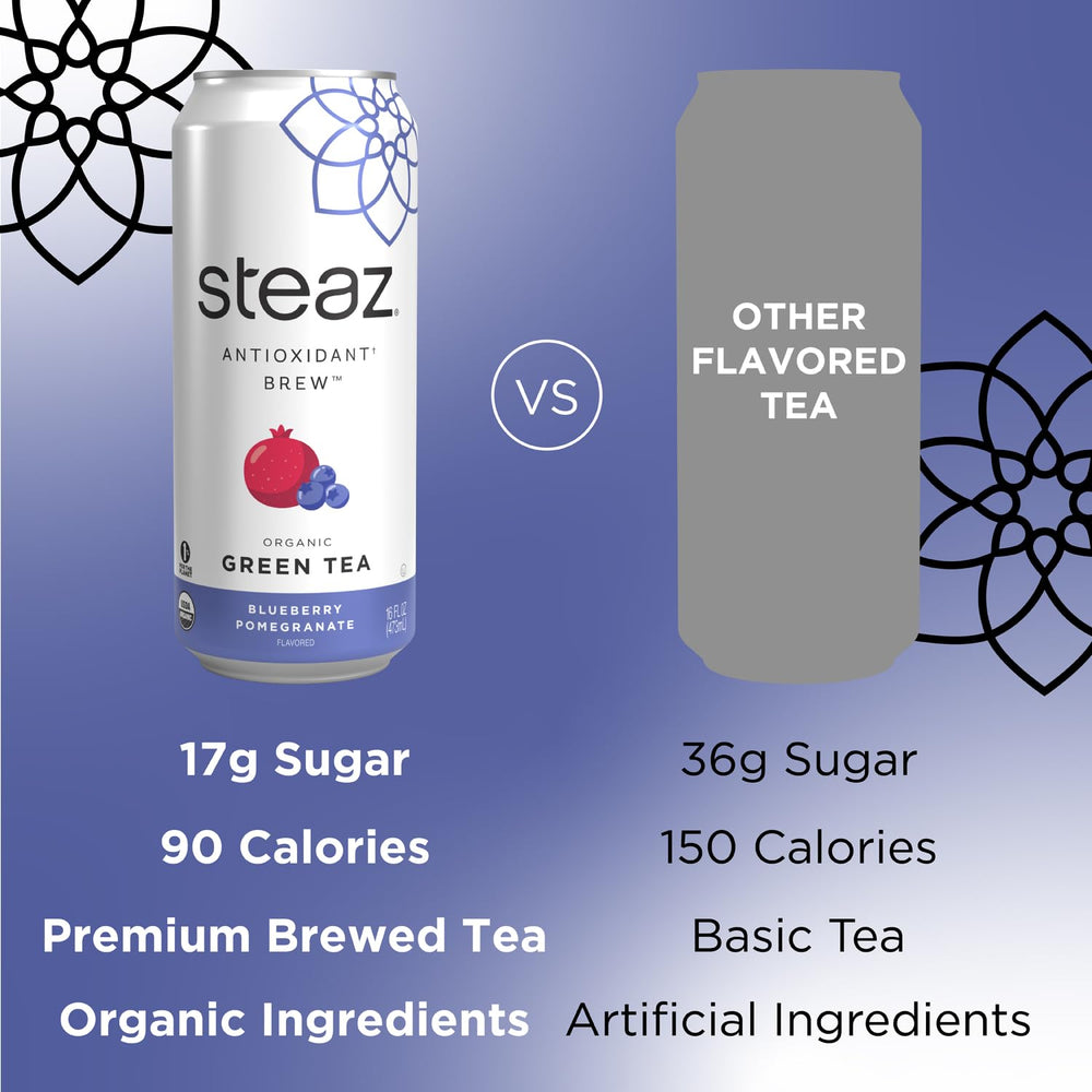 Steaz Organic Green Tea with Fair-Trade Cane Sugar, balanced sweetness.