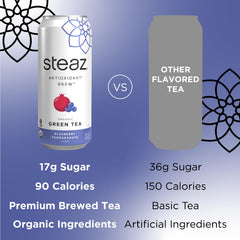 Steaz Organic Green Tea with Fair-Trade Cane Sugar, balanced sweetness.