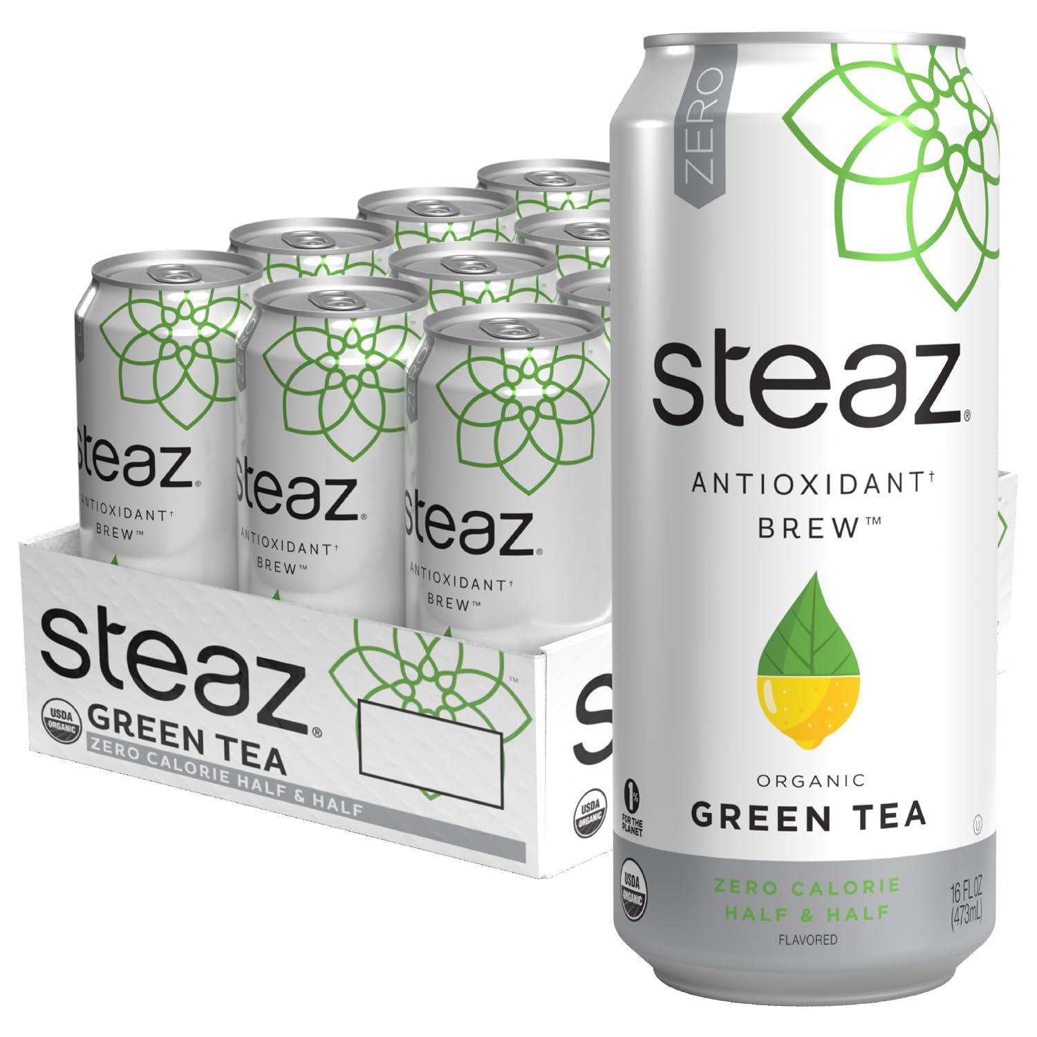 Steaz Organic Green Tea Half & Half can front, showing zero calorie refreshment