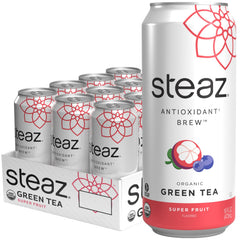 Steaz Organic Green Tea Superfruit can front view with antioxidant-forward flavor.