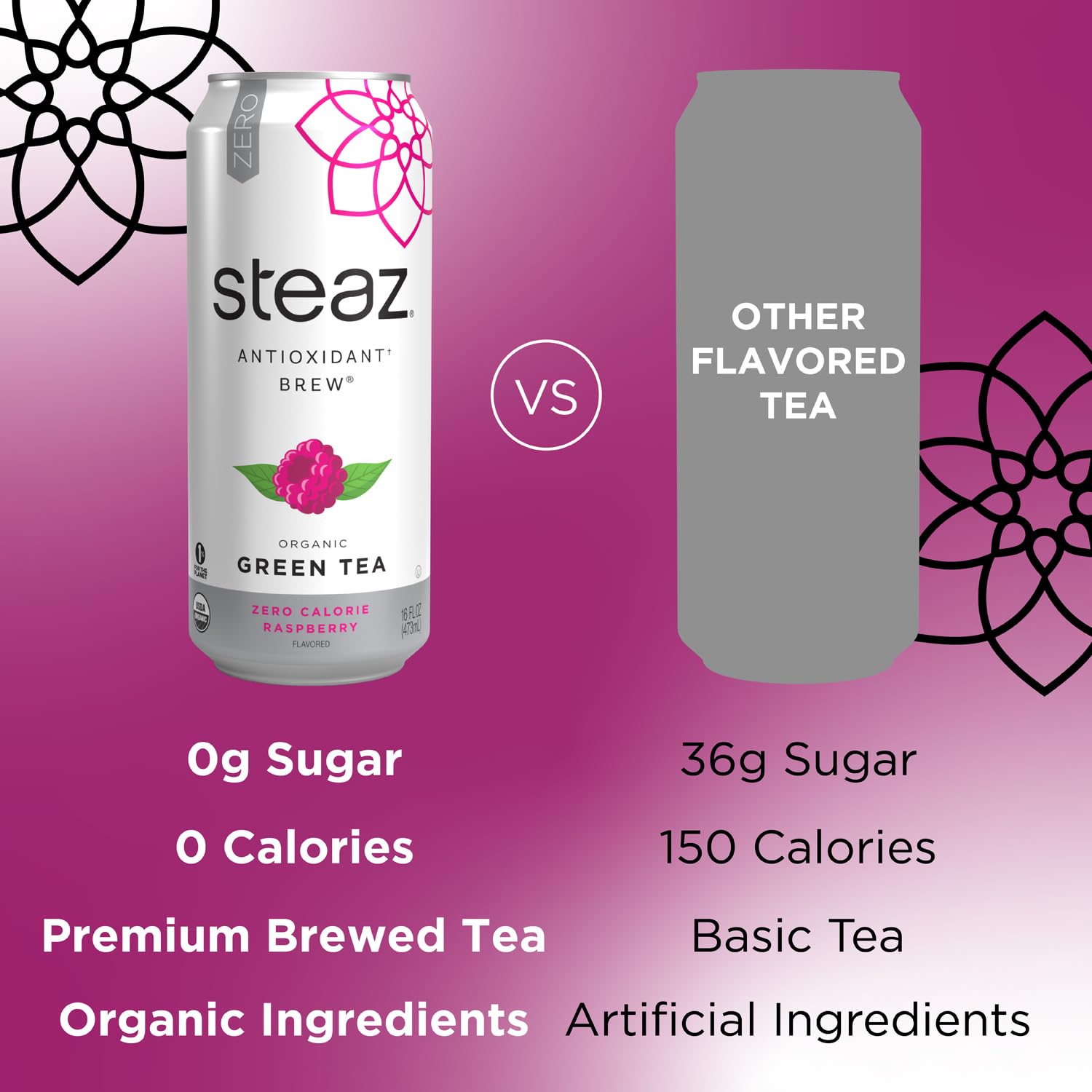 Steaz Organic Stevia-sweetened tea can for guilt-free flavor anytime