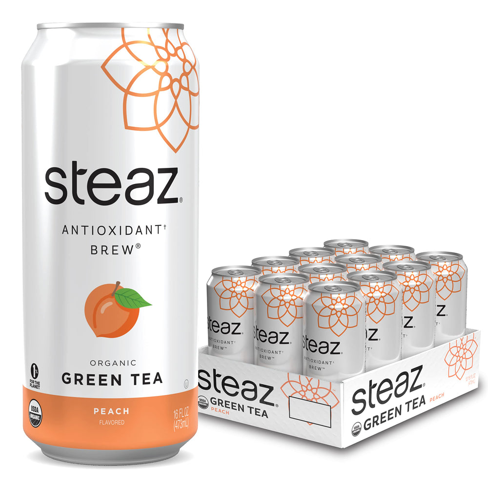 Steaz Peach Green Tea can with peach aroma and antioxidant notes.