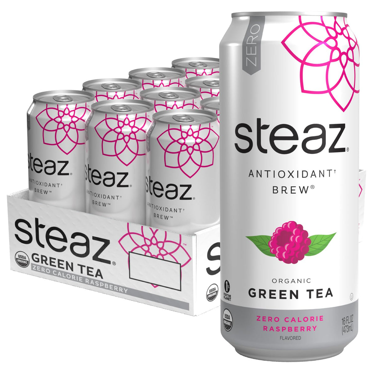 Steaz Raspberry Green Tea can offering a refreshing zero-calorie raspberry sip