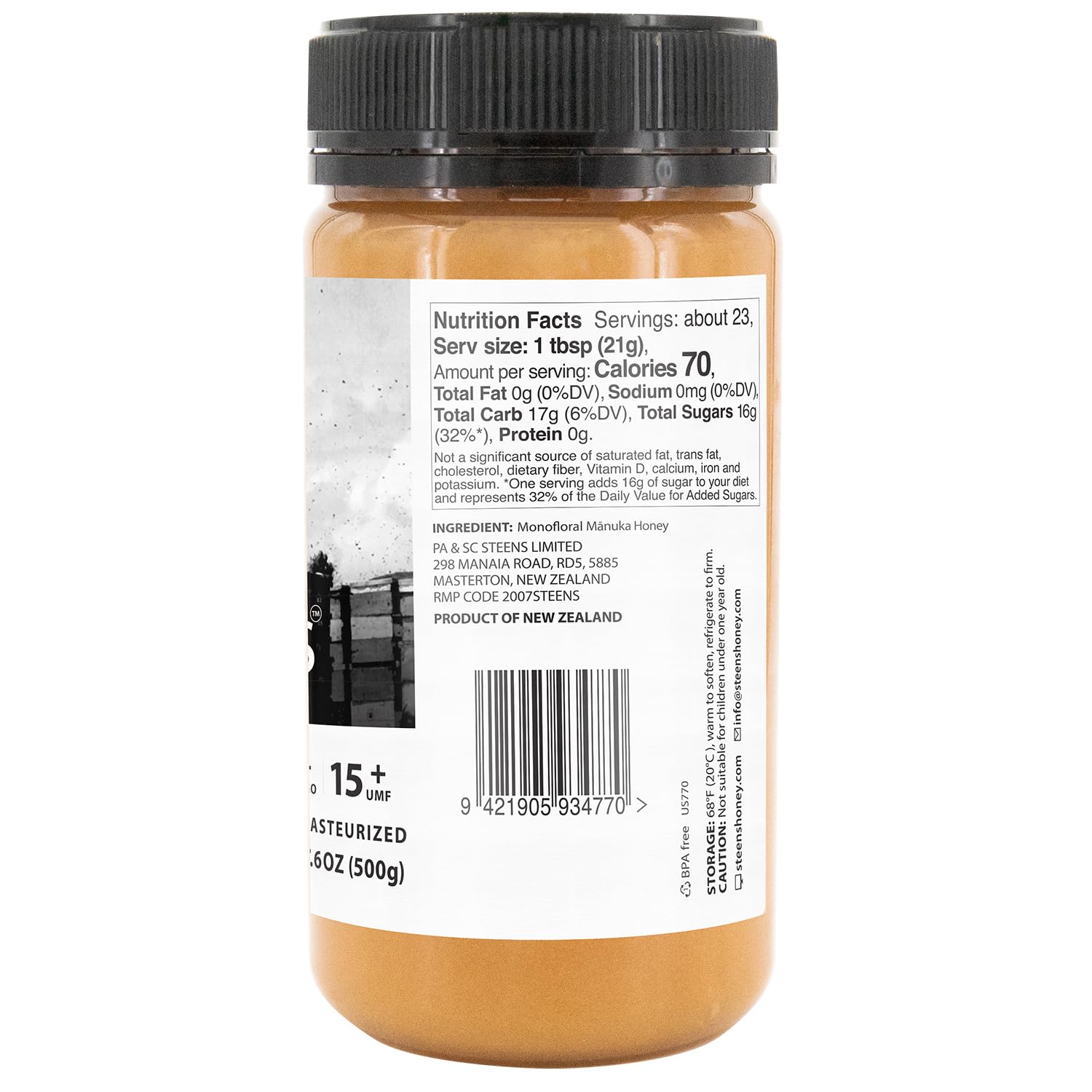 Steens Manuka Honey amber jar close-up reveals rich aroma.