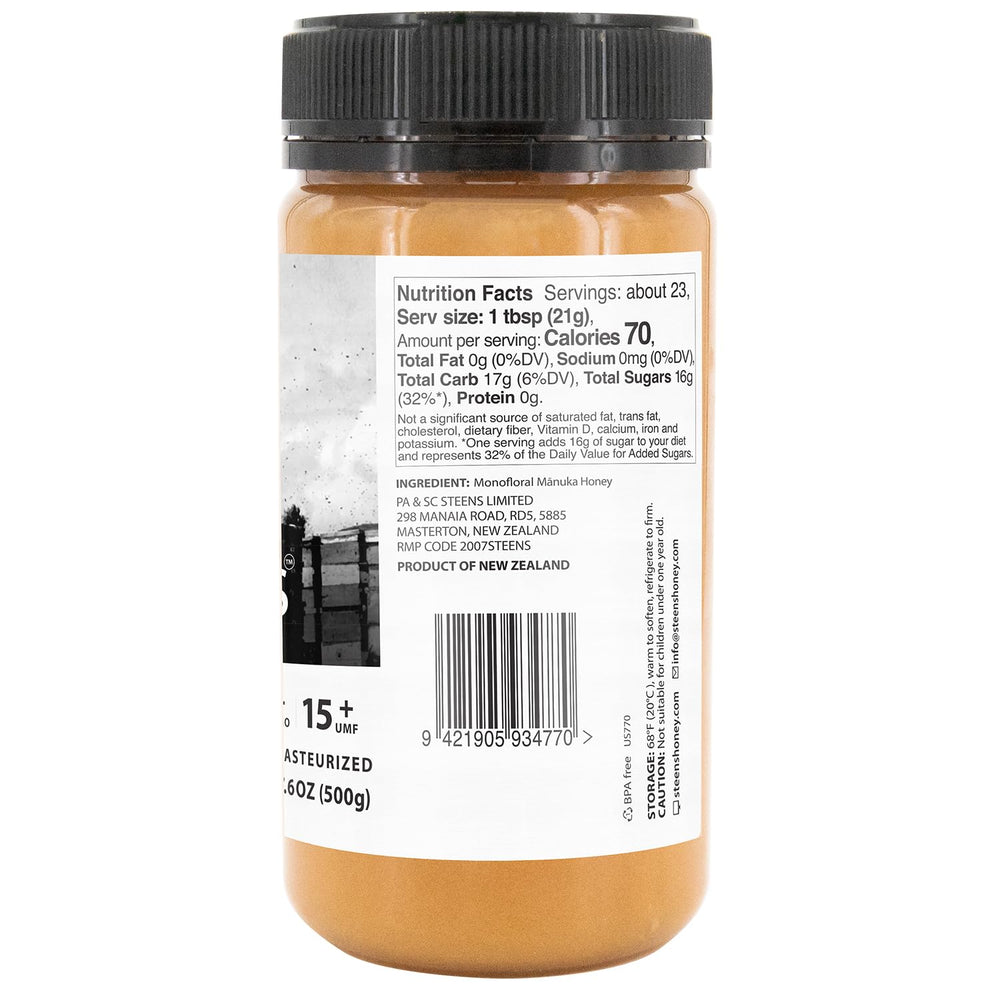 Steens Manuka Honey amber jar close-up reveals rich aroma.