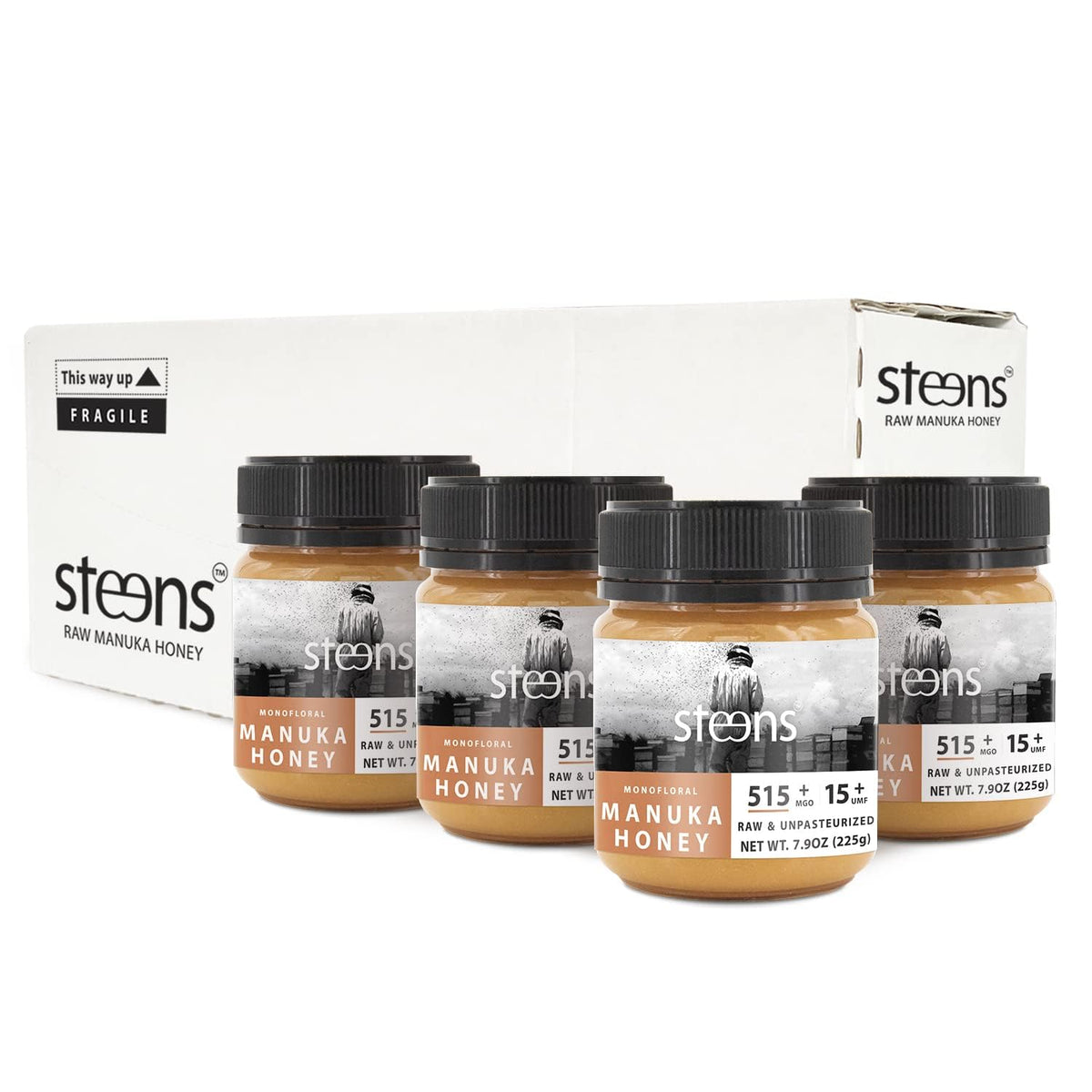 Steens Manuka Honey MGO 515+ bottle shown, guaranteeing premium quality for daily enjoyment.