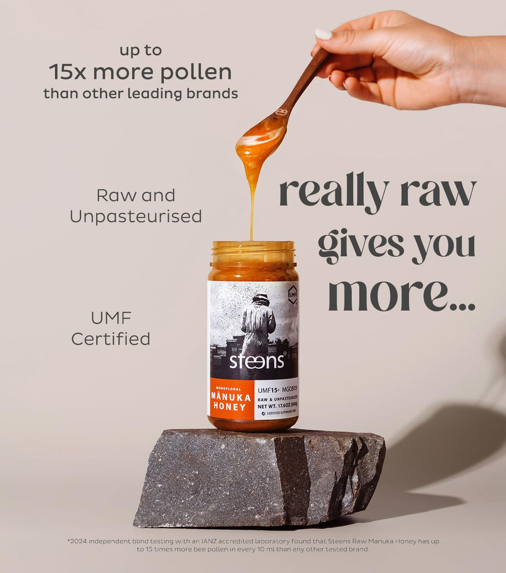 Steens Manuka Honey from New Zealand bottle emphasizes authentic origin for gourmet sweetness.