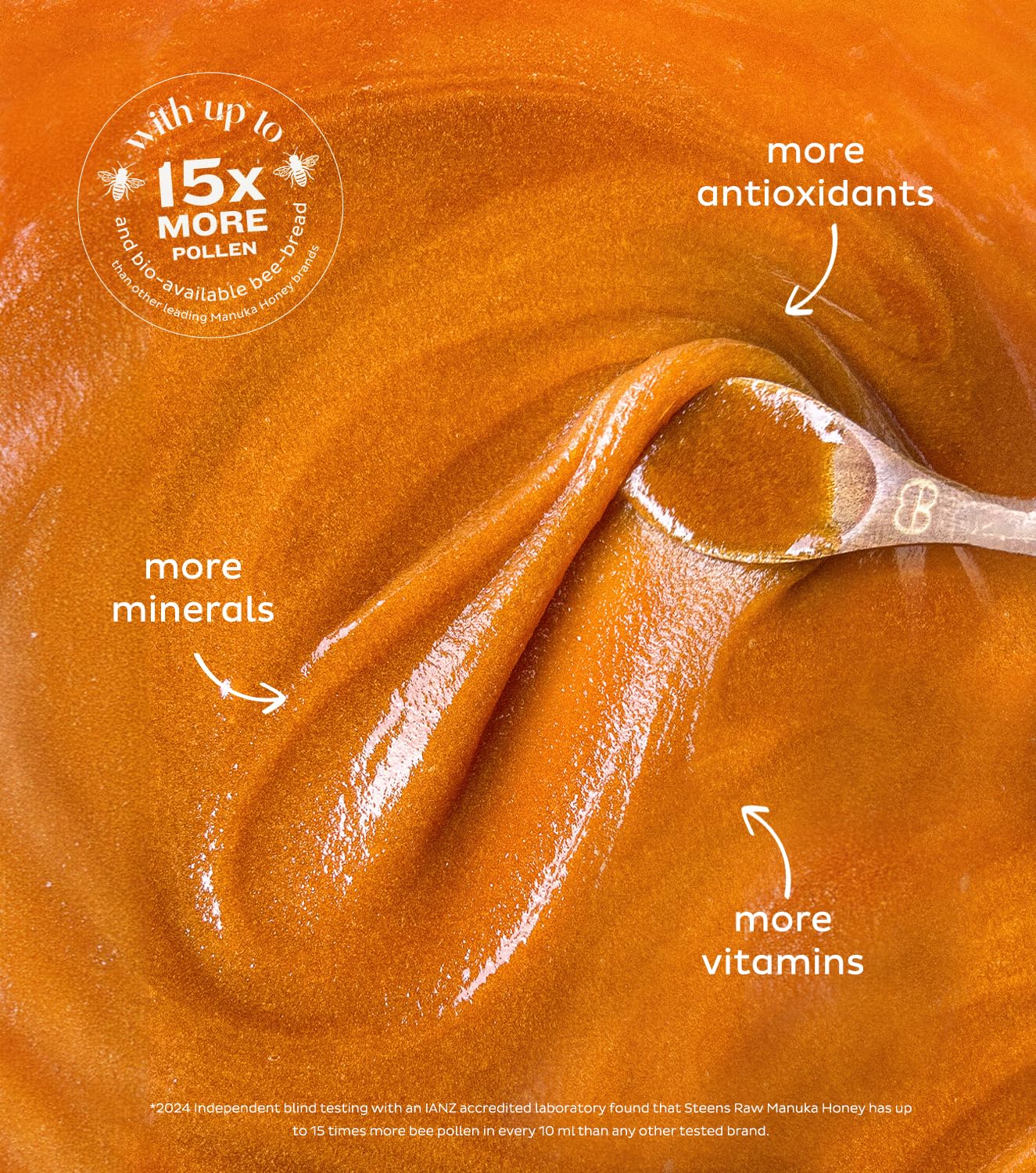 Steens Manuka Honey UMF 15+ label on jar, great for tea or toast.