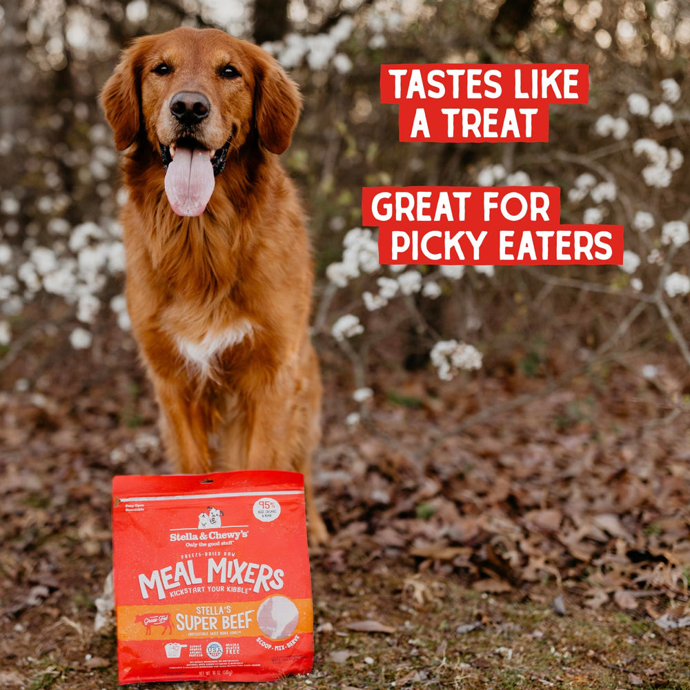 Stella & Chewy's meal mixer supr beef 1oz topper twist demonstrates flavor boost.