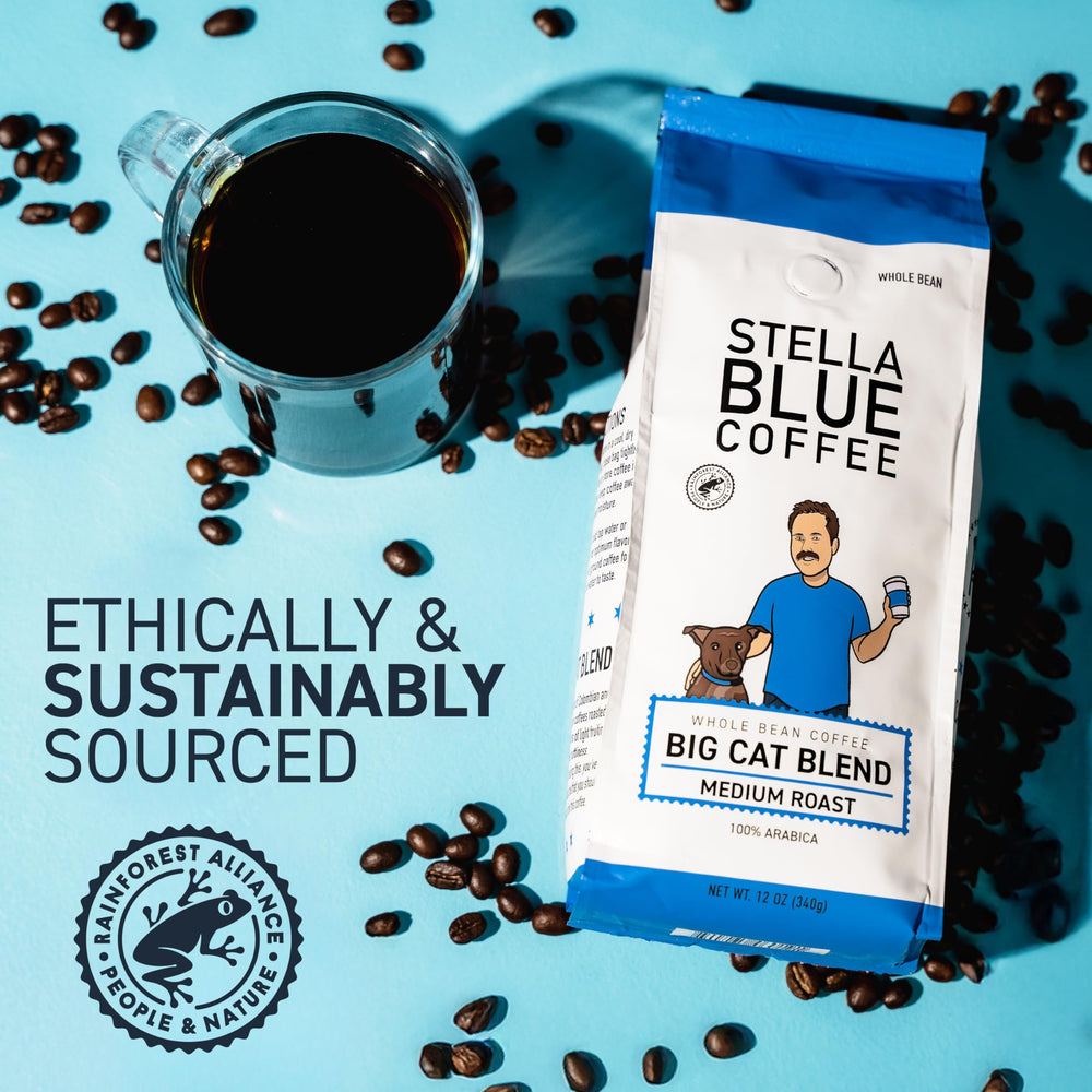 Stella Blue 100% Arabica beans close-up signals premium quality