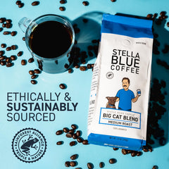 Stella Blue 100% Arabica beans close-up signals premium quality