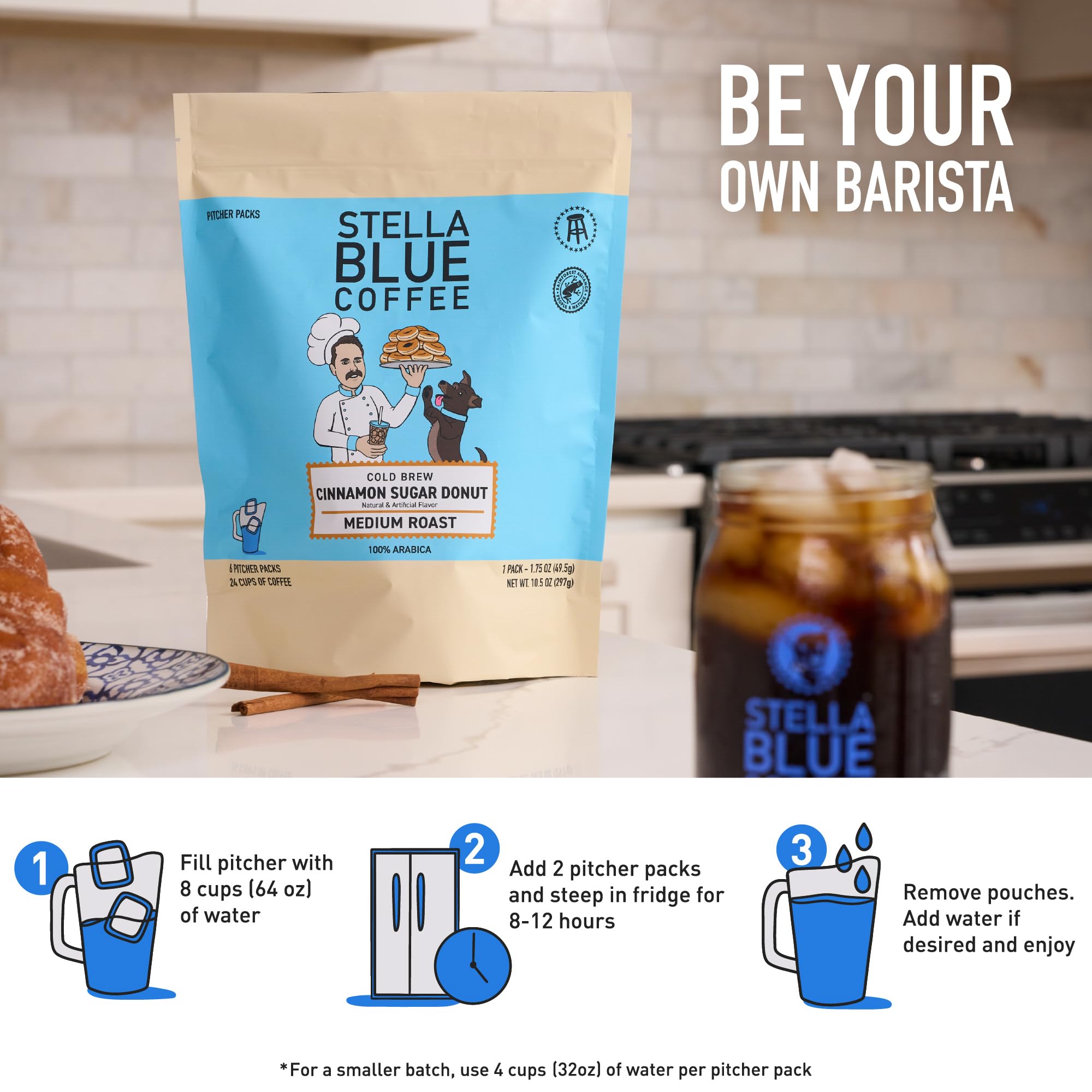 Stella Blue 24 cups ready from six packets, convenience highlighted.