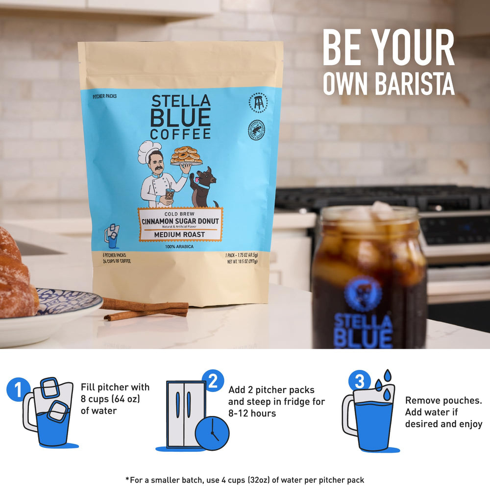 Stella Blue 24 cups ready from six packets, convenience highlighted.