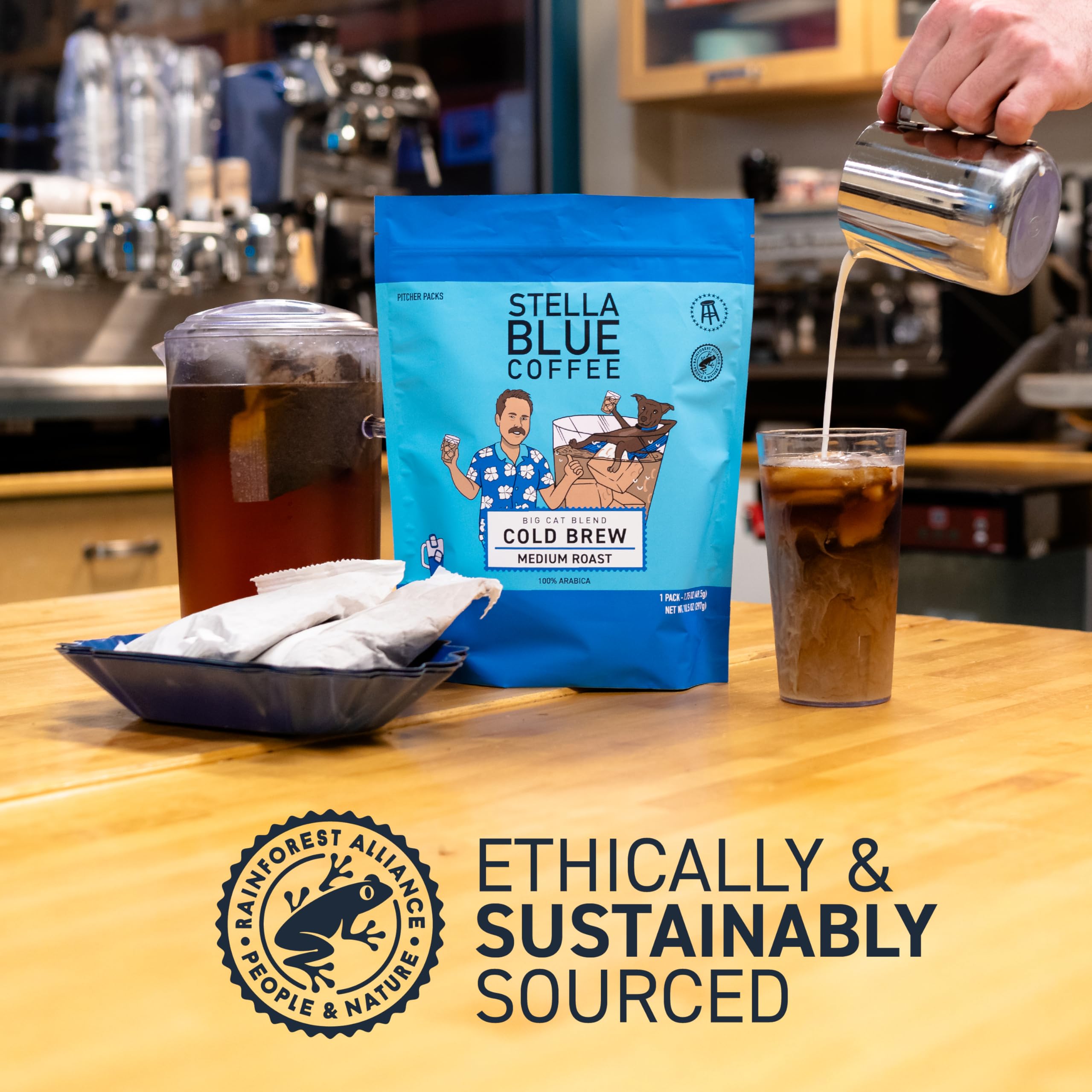 Stella Blue Arabica beans highlight ethical sourcing and consistent aroma.