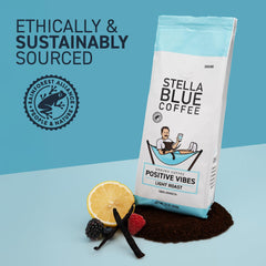 Stella Blue 100% Arabica Central American beans image emphasizes sustainable sourcing benefits.