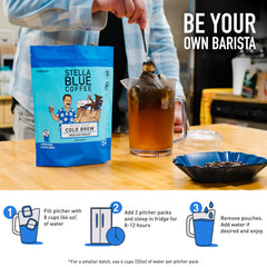 Stella Blue Big Cat Blend being poured into a glass for a smooth, bold cup.