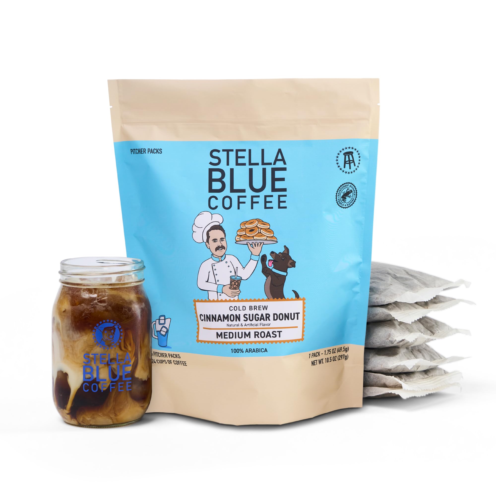 Stella Blue Cinnamon Donut cold brew bags pack—easy prep for busy mornings.