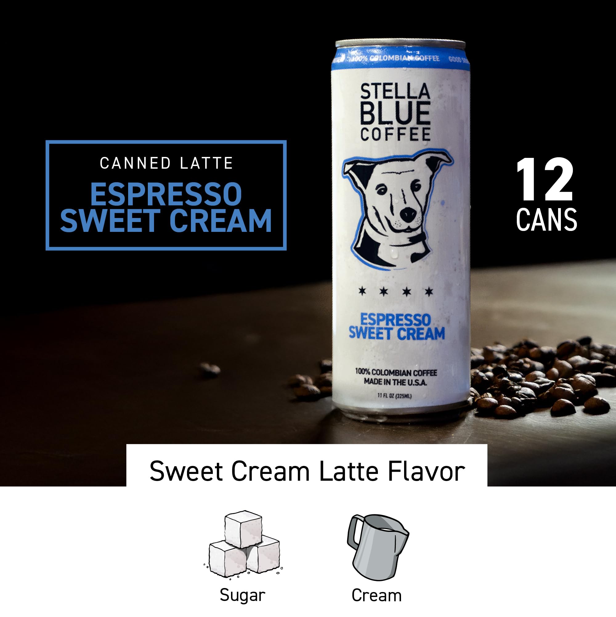 Stella Blue 100% Colombian coffee can with premium flavor in a convenient sip