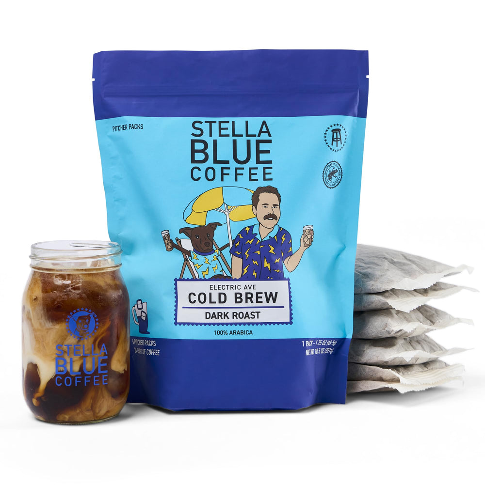 Stella Blue Electric Ave coffee bags ready for quick cold brew at home