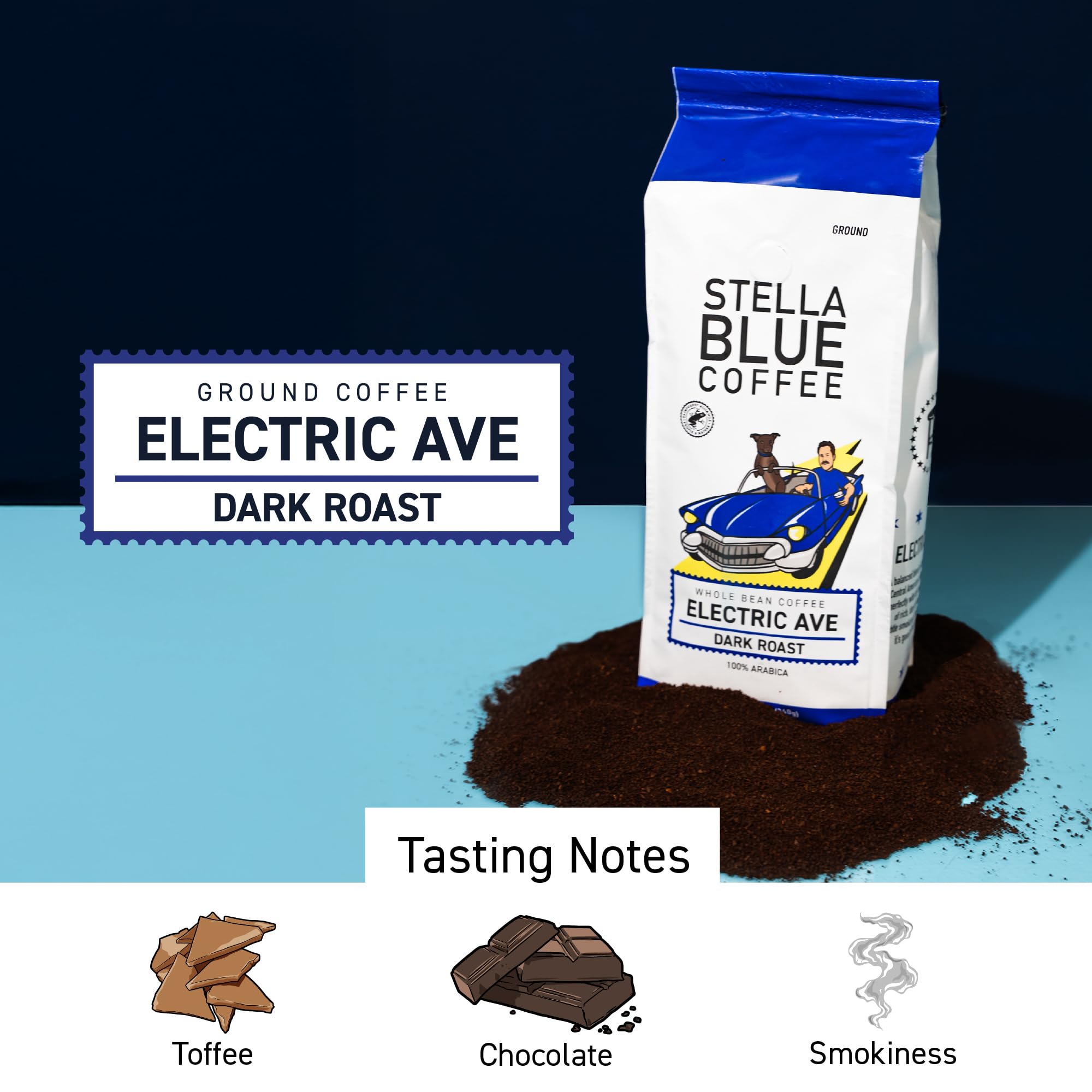 Stella Blue Electric Avenue coffee beans close-up, highlighting ethical sourcing and vibrant flavor.