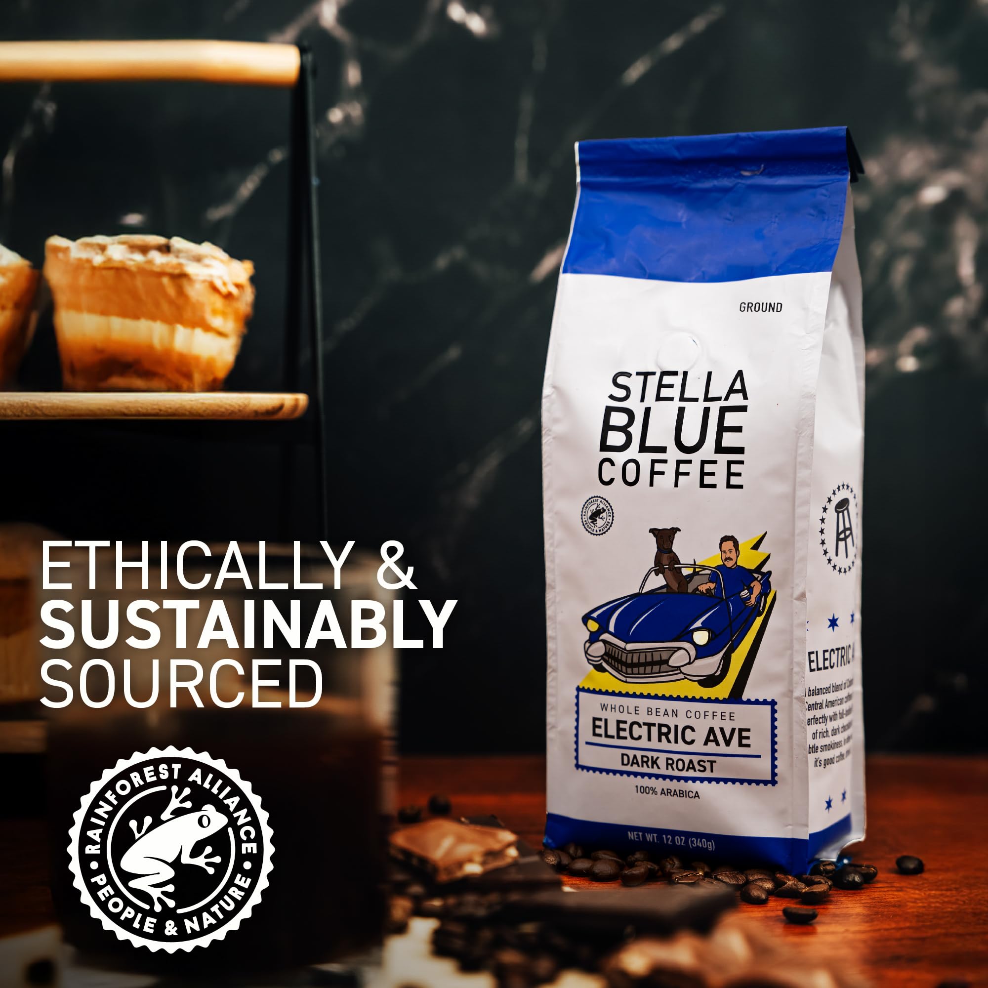 Stella Blue Electric Avenue ground coffee image for rich, balanced brews across methods.