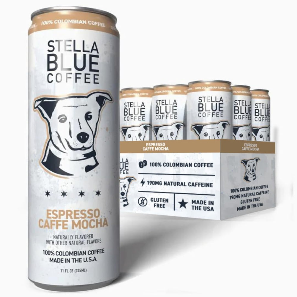 Stella Blue Espresso Caffe Mocha can on a breakfast table delivering smooth energy.