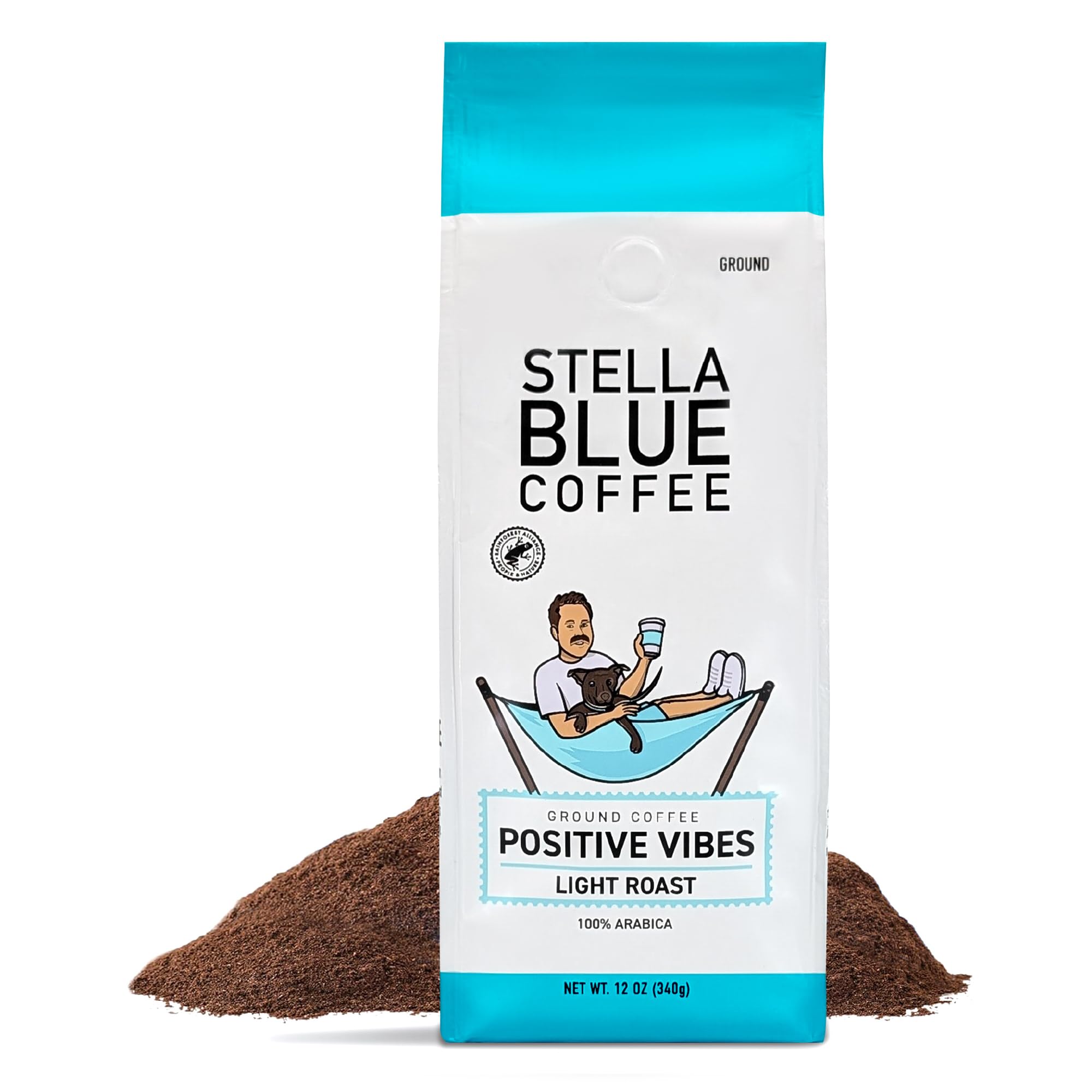 Stella Blue Ground Coffee Positive Vibes Blend bag highlighting a bright light roast for a lively morning.