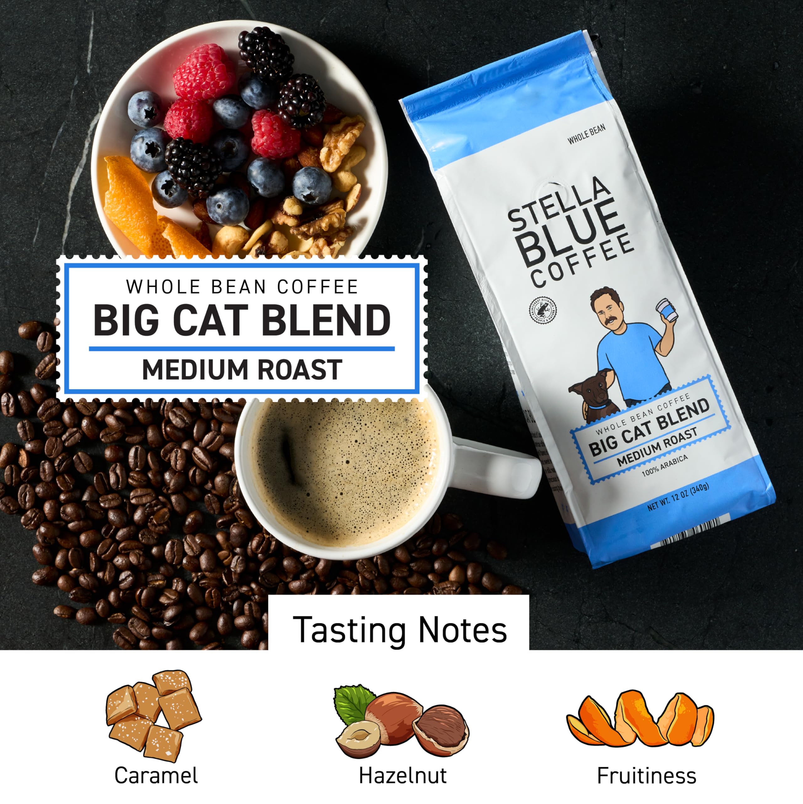 Stella Blue 12oz bag highlights medium roast with caramel and hazelnut notes