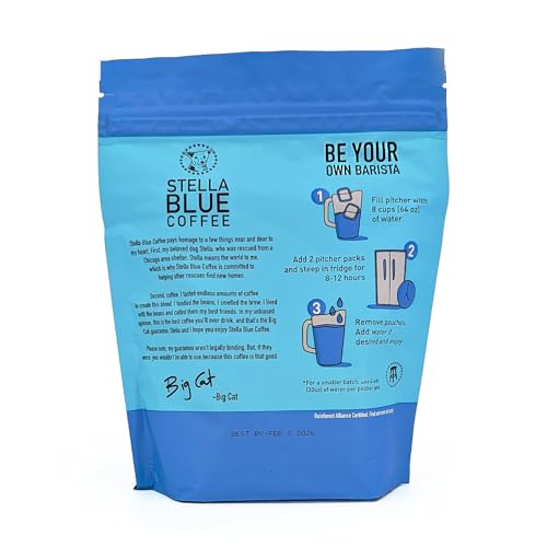 Stella Blue Rainforest Alliance seal on packaging emphasizes sustainability.
