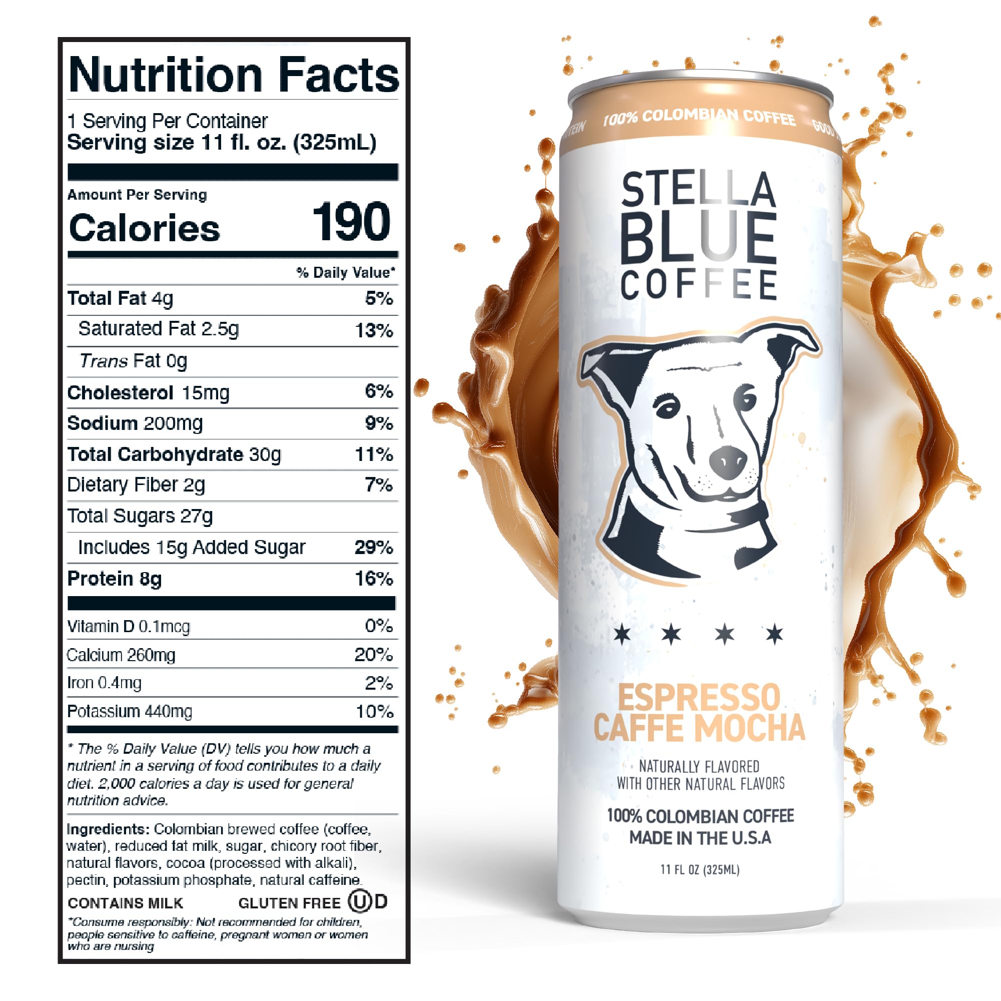 Stella Blue ready-to-drink coffee can shows 190mg caffeine for on-the-go focus.