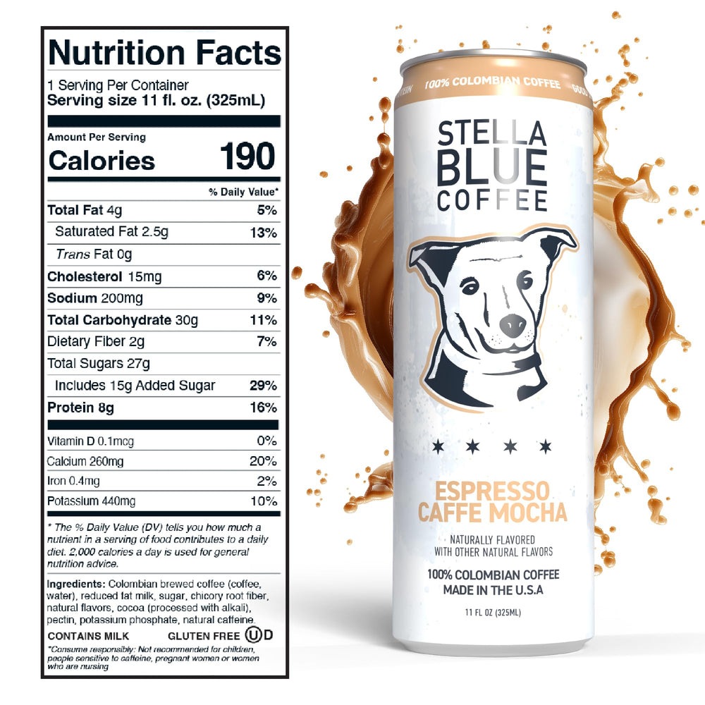 Stella Blue ready-to-drink coffee can shows 190mg caffeine for on-the-go focus.