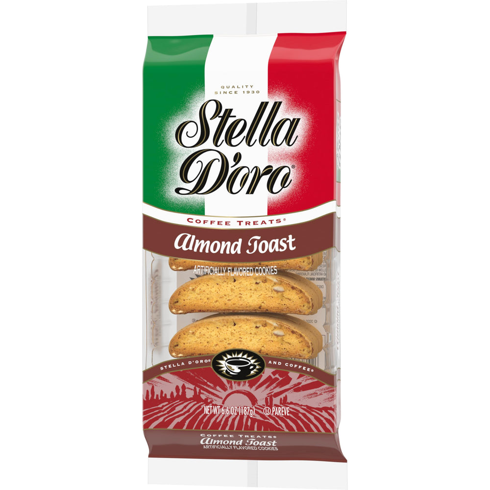 Stella D'oro Almond Toast Coffee Treats with coffee cup for morning pairing.