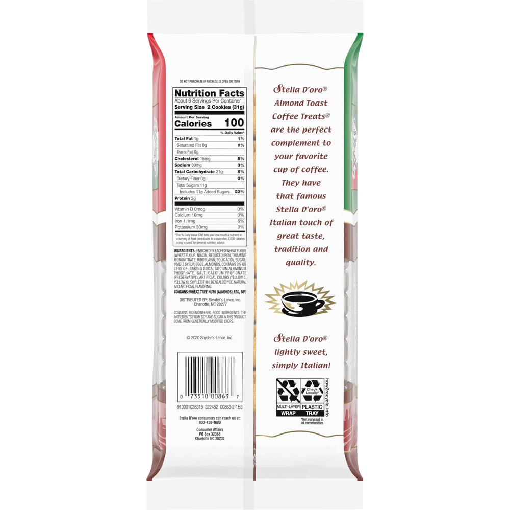 Stella D'oro Almond Toast Coffee Treats packaging highlights Italian heritage.