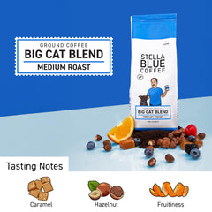 Close-up of Stella Blue Big Cat Blend grounds releasing inviting aroma.