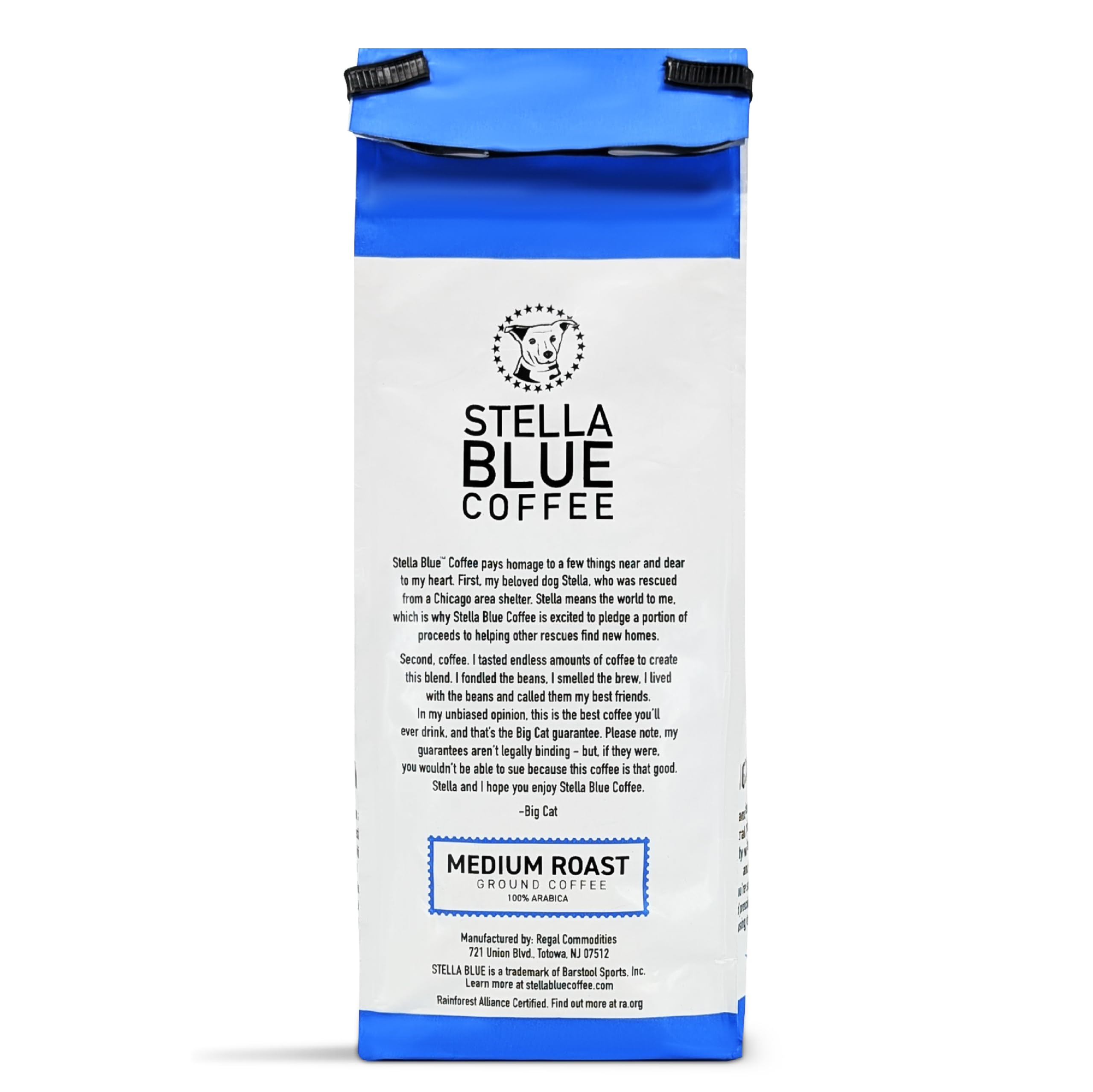 Brand mission card on Stella Blue packaging supporting animal rescue programs.