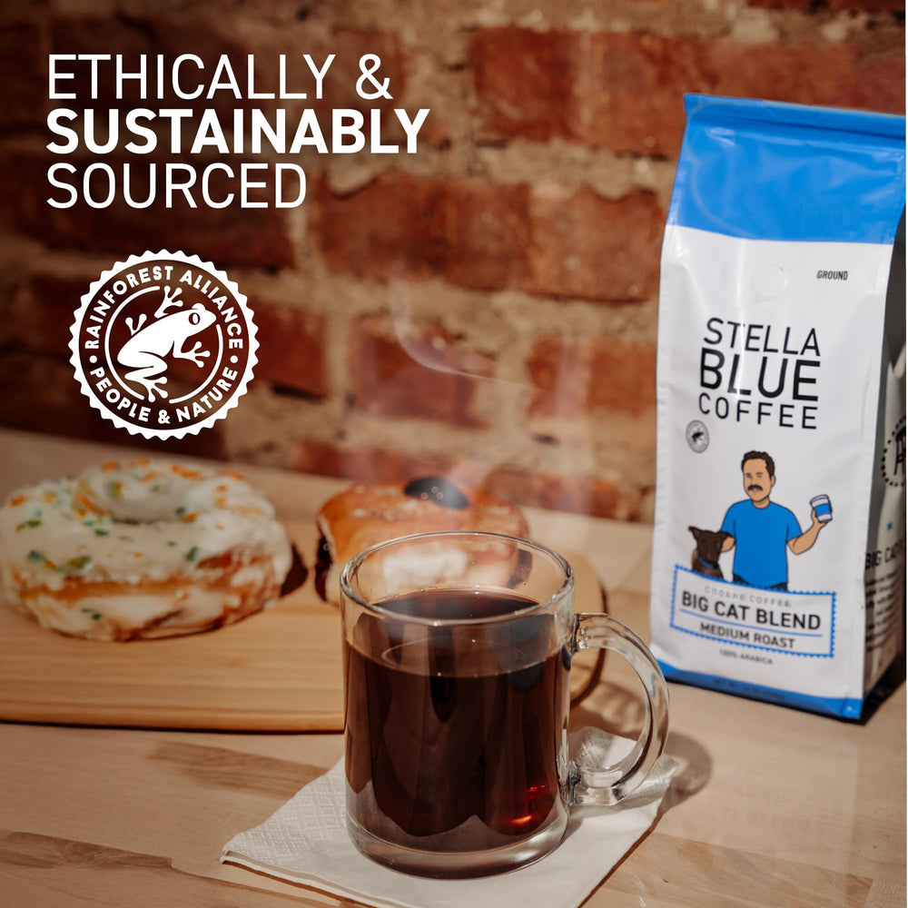 Freshly ground Stella Blue Big Cat Blend ready to pour for flavorful mornings.