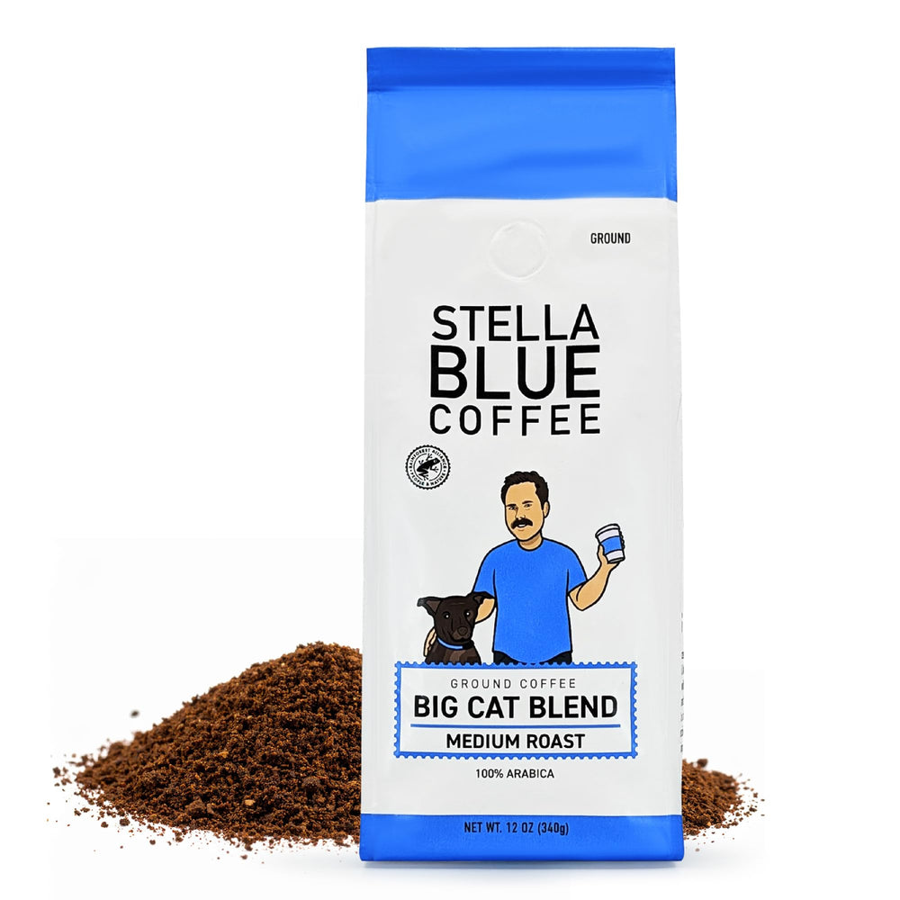 Stella Blue Big Cat Blend packaging highlights ethical sourcing and aroma.