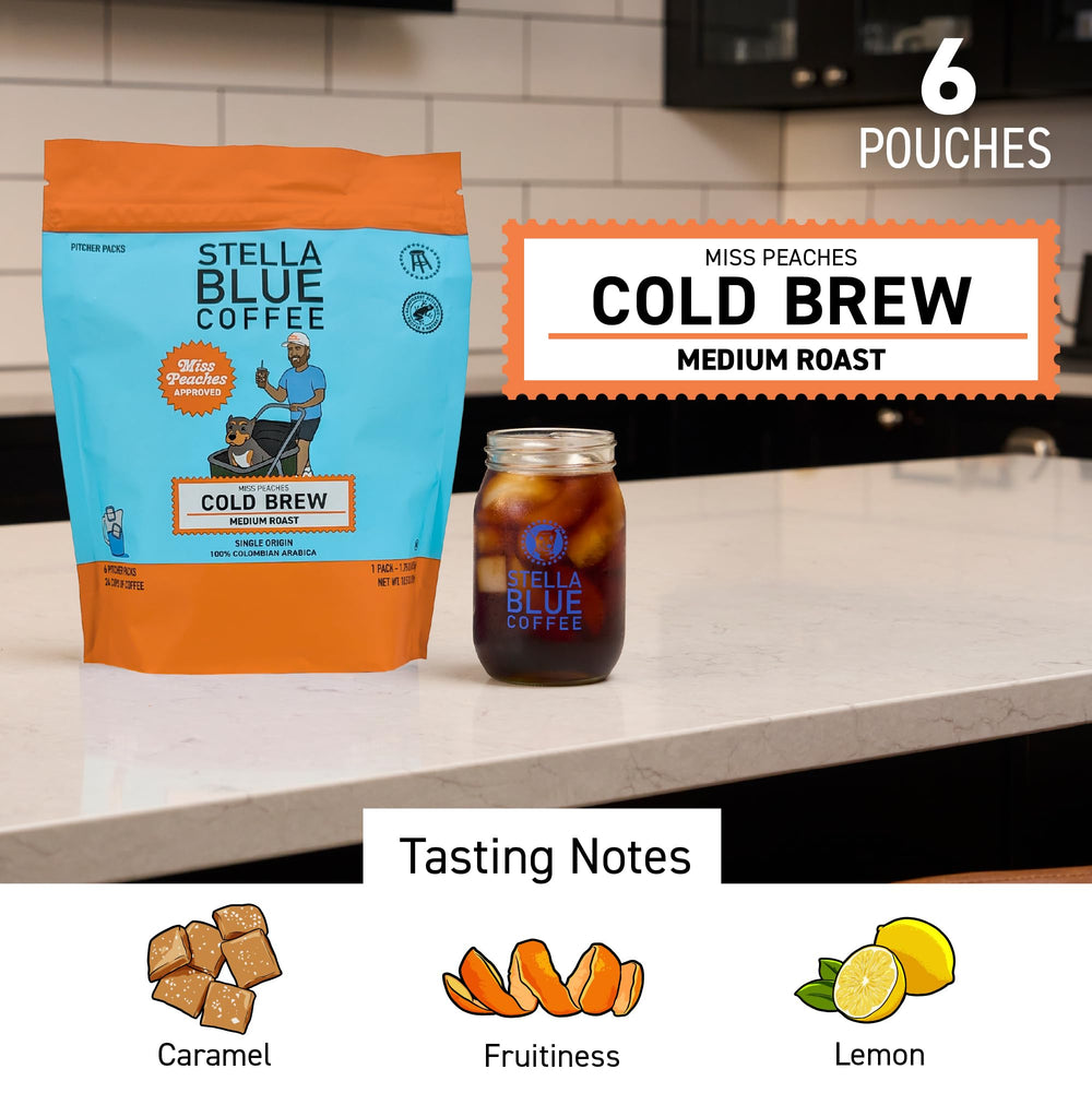 Stella Blue Miss Peaches box highlights single-origin flavor and crisp finish.