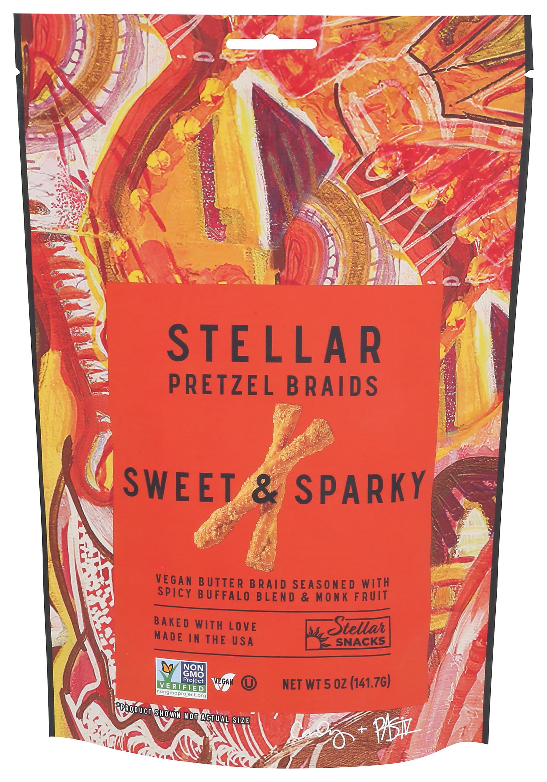 Stellar Braids Sweet Sparky pretzel braids in a 5 oz pack, ideal for on-the-go snacking.