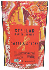 Stellar Braids Sweet Sparky pretzel braids in a 5 oz pack, ideal for on-the-go snacking.