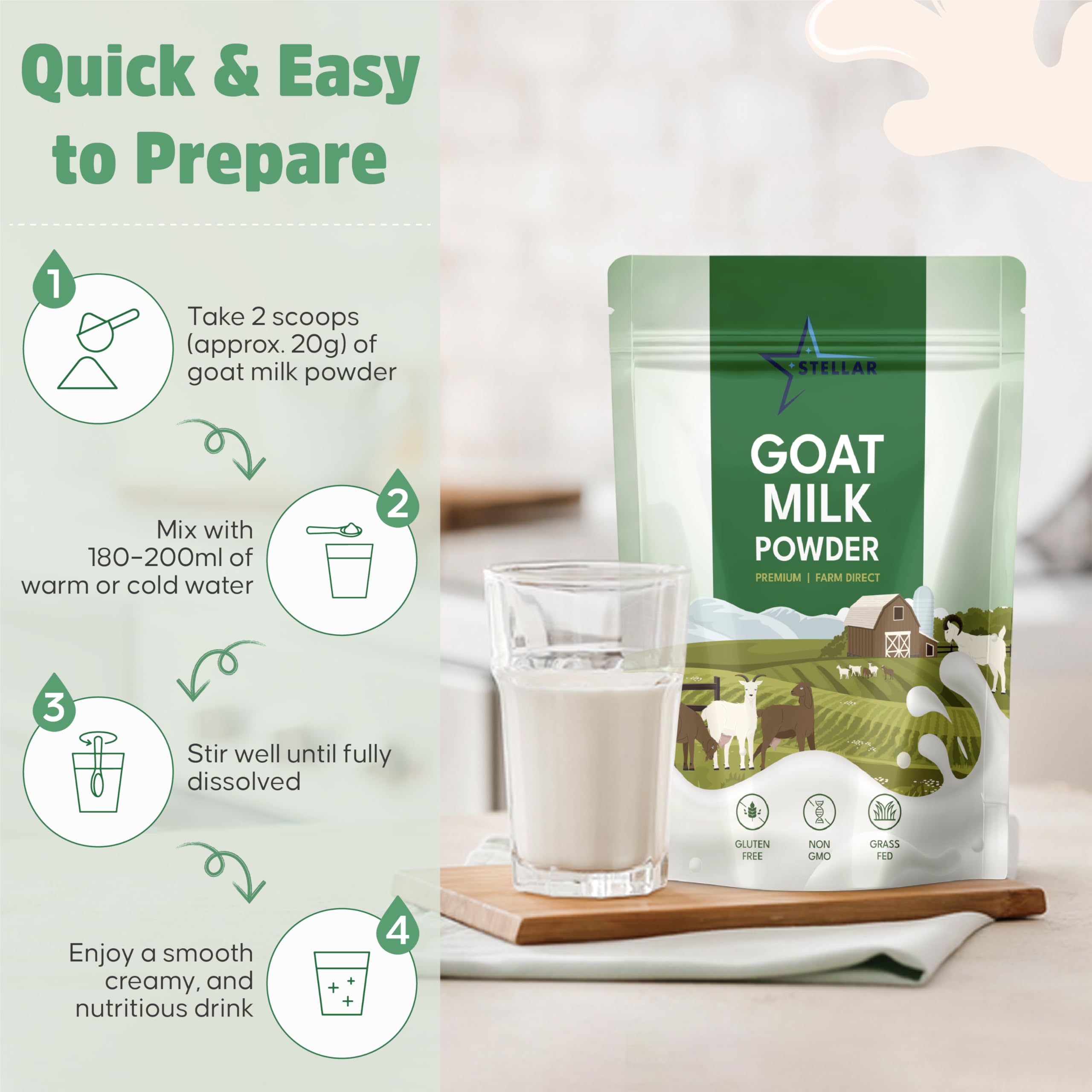 STELLAR Goat Milk Powder label closeup, highlights 100% grass-fed origin.