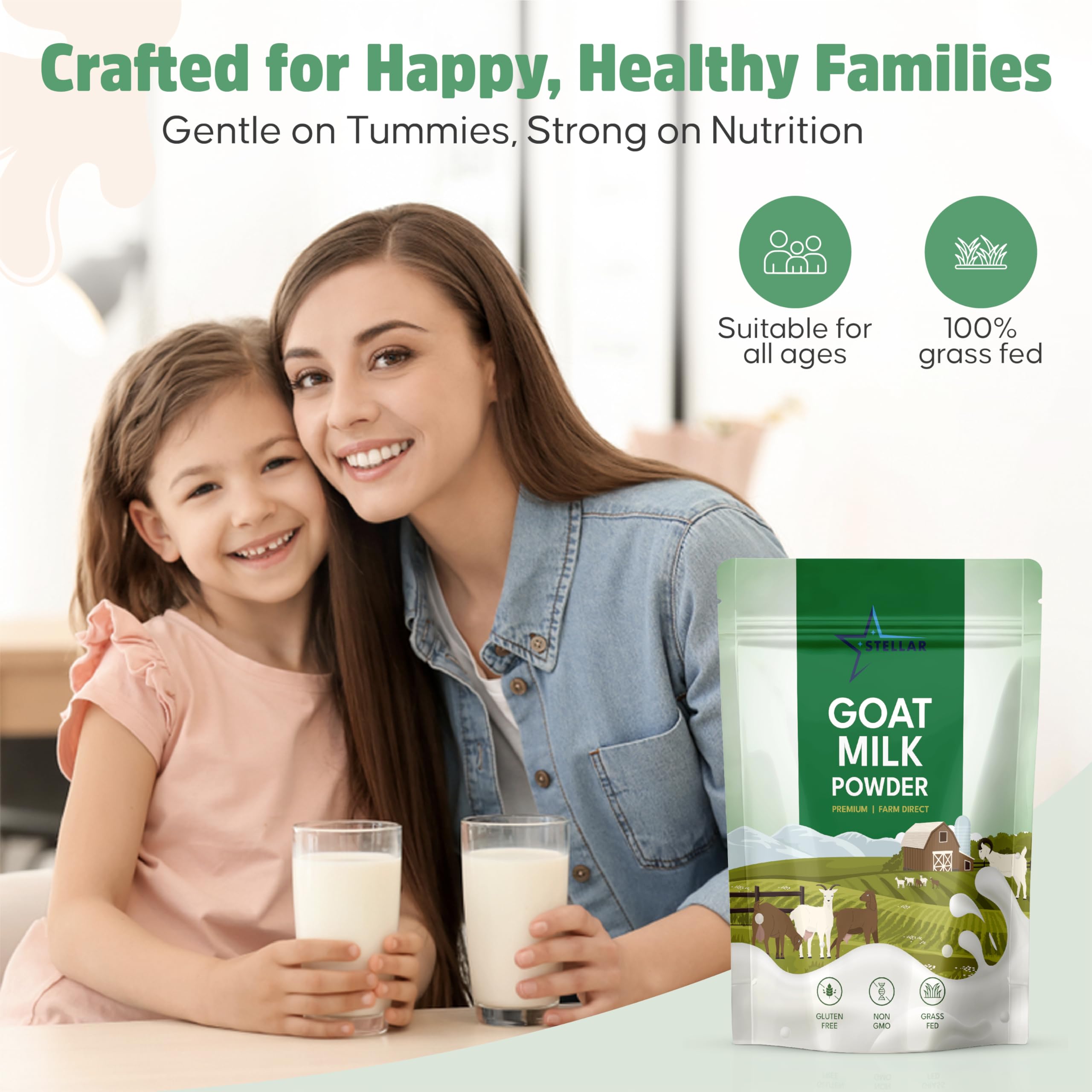 STELLAR Goat Milk Powder mixing cup, dissolves into water for fresh milk.
