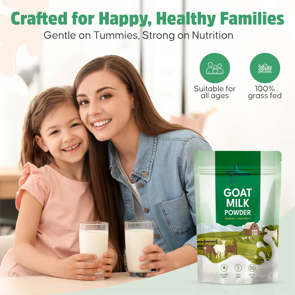 STELLAR Goat Milk Powder mixing cup, dissolves into water for fresh milk.